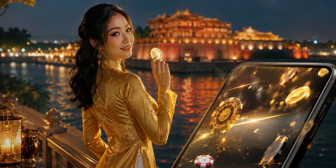 Người phụ nữ mặc áo dài Huế sử dụng điện thoại để tham gia casino trực tuyến và xem ưu đãi
