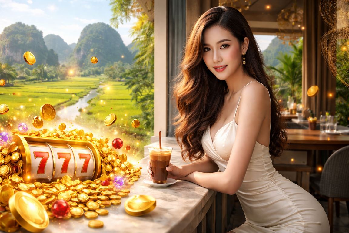 Người dùng tại Ninh Bình thư giãn bên ly cà phê và tham gia xổ số slot game qua điện thoại di động