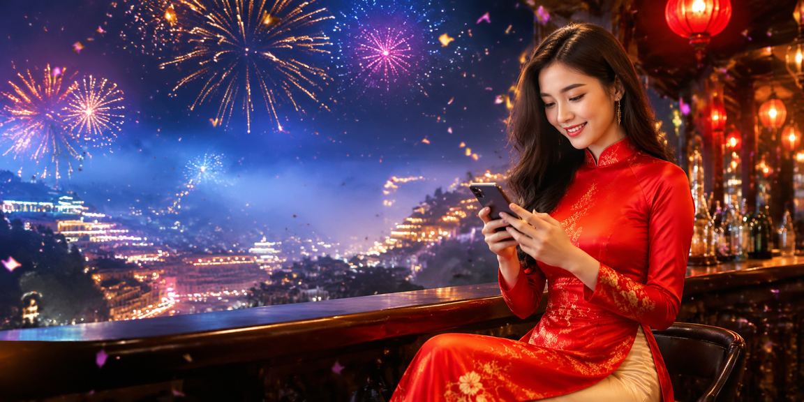 Người phụ nữ mặc áo dài trải nghiệm casino trên điện thoại tại Sapa